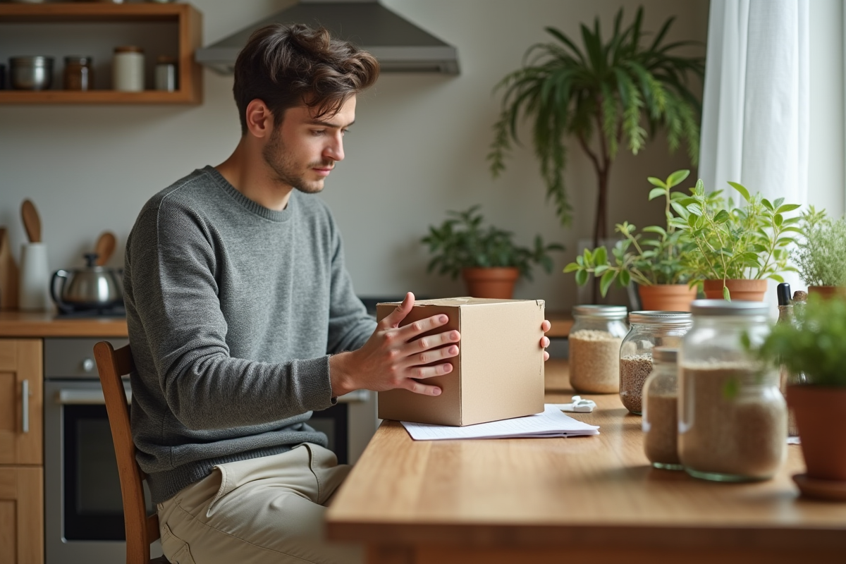 Jeune homme examinant des produits écologiques à la maison