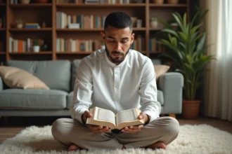 Jeune homme lisant le Quran dans un salon chaleureux