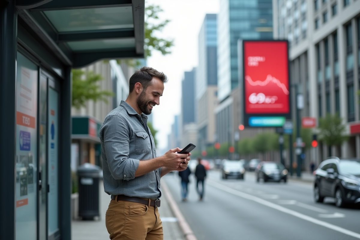 Jeune homme urbain utilisant une application fintech sur son smartphone