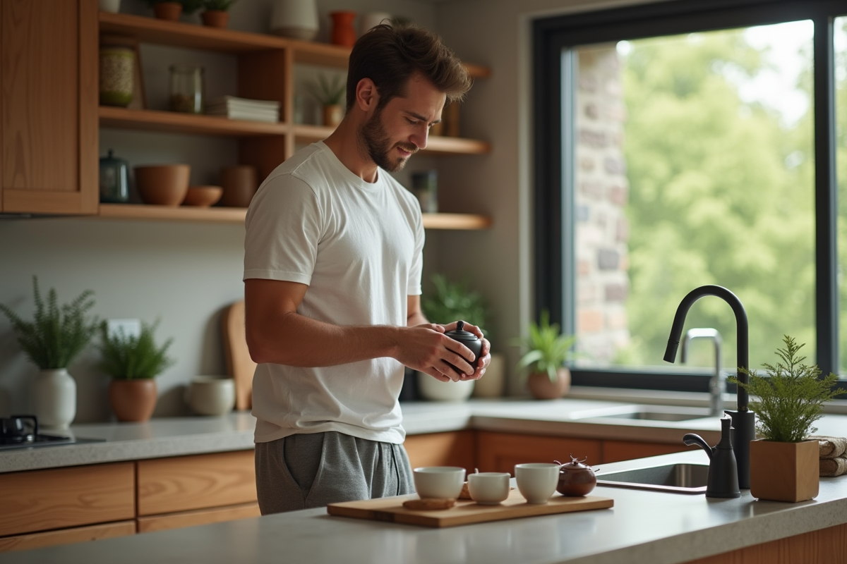 Jeune homme préparant une infusion de tisane dans la cuisine