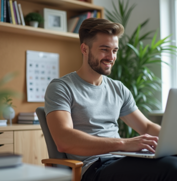 Conseils pour trouver les meilleurs forums de musculation Jeune homme concentré travaillant sur son ordinateur dans un bureau moderne