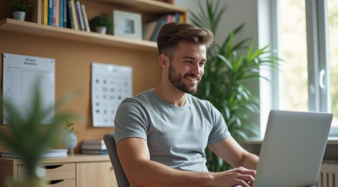 Jeune homme concentré travaillant sur son ordinateur dans un bureau moderne