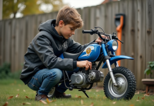 Comment accroître la vitesse maximale de votre Piwi 50 ? Jeune garçon ajustant le carburateur d'une moto Yamaha Piwi 50 en extérieur