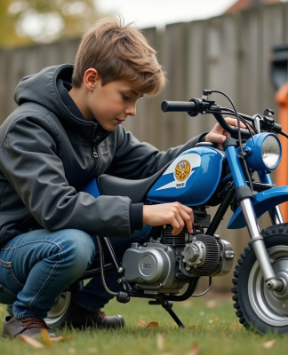 Jeune garçon ajustant le carburateur d'une moto Yamaha Piwi 50 en extérieur