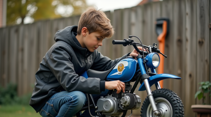 Jeune garçon ajustant le carburateur d'une moto Yamaha Piwi 50 en extérieur