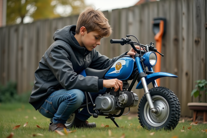 jeune-motocross-atelier Jeune garçon ajustant le carburateur d'une moto Yamaha Piwi 50 en extérieur