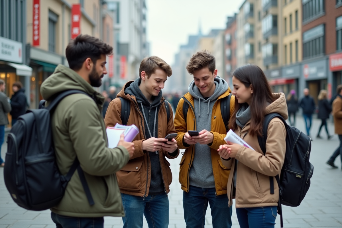 Jeunes adultes dans une place urbaine animée