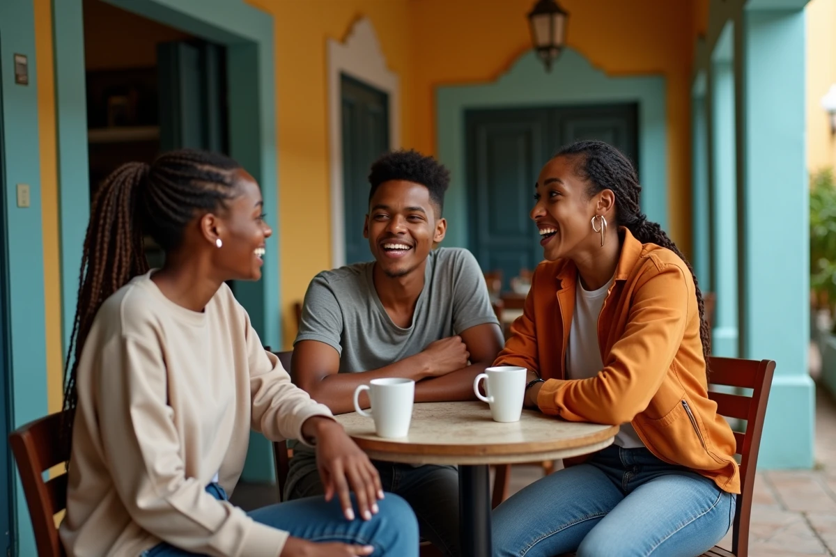 Trois jeunes adultes martiniquais hilares autour d'un café en ville, réagissant à une expression créole ambiguë