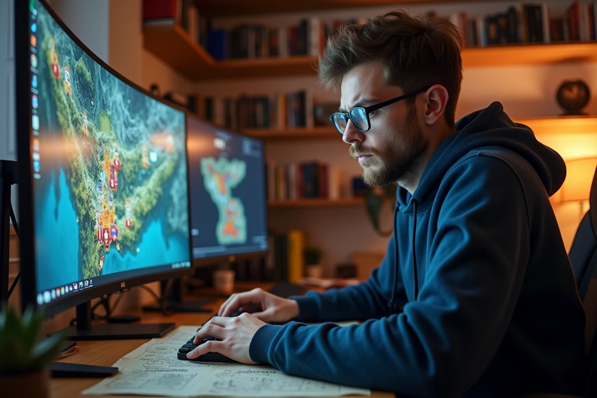 Joueur de Dofus 3 frustré devant son écran en train de monter son personnage Mineur sans guide, entouré de notes manuscrites