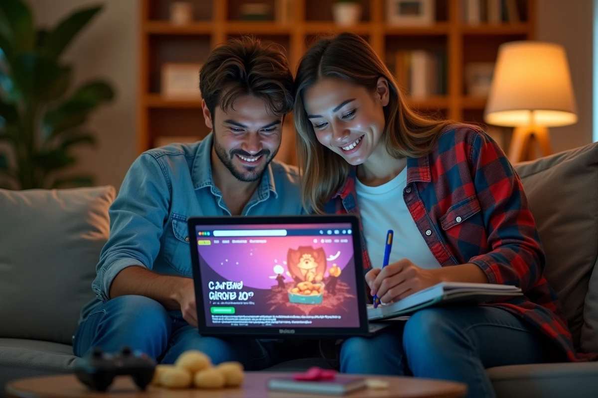 Deux joueurs consultant un forum de conseils pour monter le métier Mineur dans Dofus 3, assis sur un canapé avec un ordinateur portable