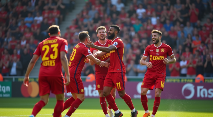 Joueurs du RC Lens célébrant un but au stade BollaertDelelis