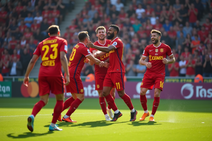 Joueurs du RC Lens célébrant un but au stade BollaertDelelis