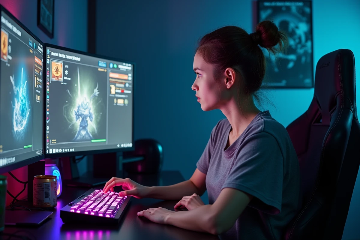 Joueuse découragée devant son setup gaming avec inventaire Mineur Dofus 3 ouvert sur l'écran, illustrant les erreurs de progression