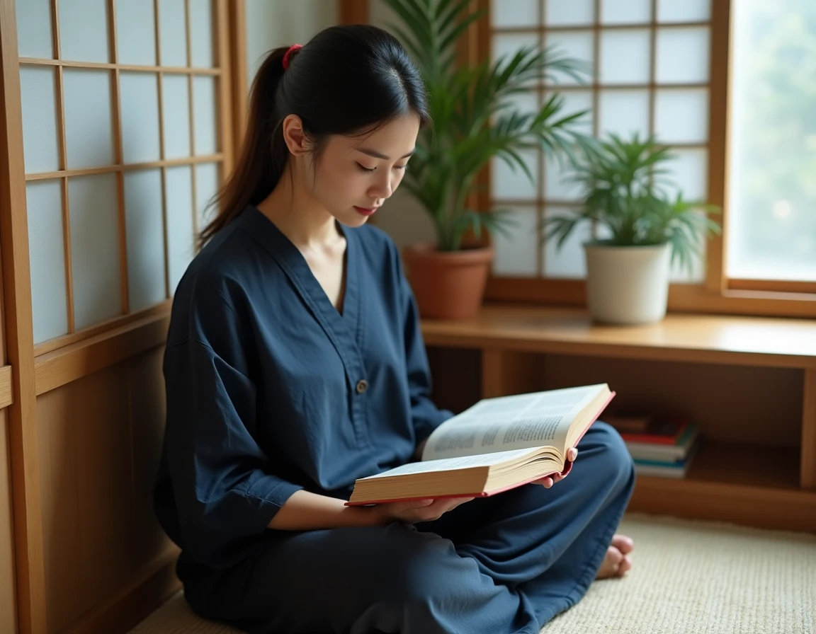 Jeune femme lisant un tome de Princess of Black Flame dans un espace de lecture japonais minimaliste, ambiance manga fantasy