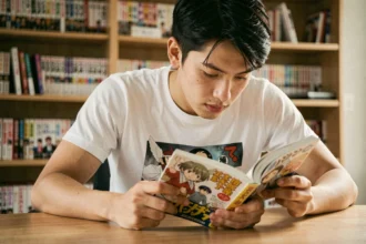 Jeune homme lisant un manga japonais à son bureau entouré d'une collection de volumes de manga