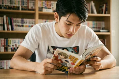 Jeune homme lisant un manga japonais à son bureau entouré d'une collection de volumes de manga