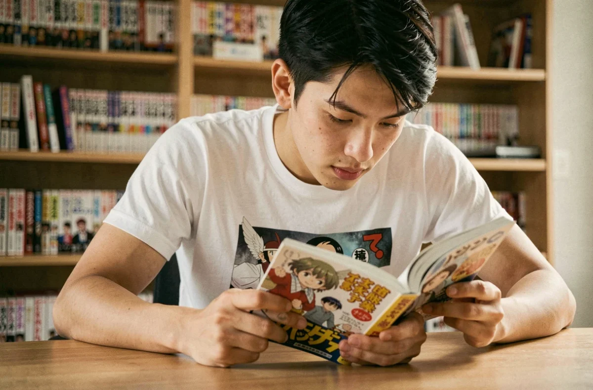 Jeune homme lisant un manga japonais à son bureau entouré d'une collection de volumes de manga