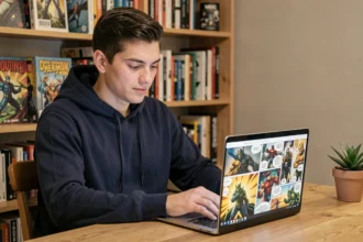 Jeune homme lisant des scans manga sur un ordinateur portable dans un bureau à domicile discret