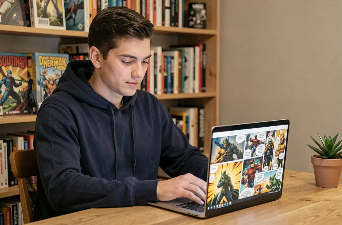 Jeune homme lisant des scans manga sur un ordinateur portable dans un bureau à domicile discret