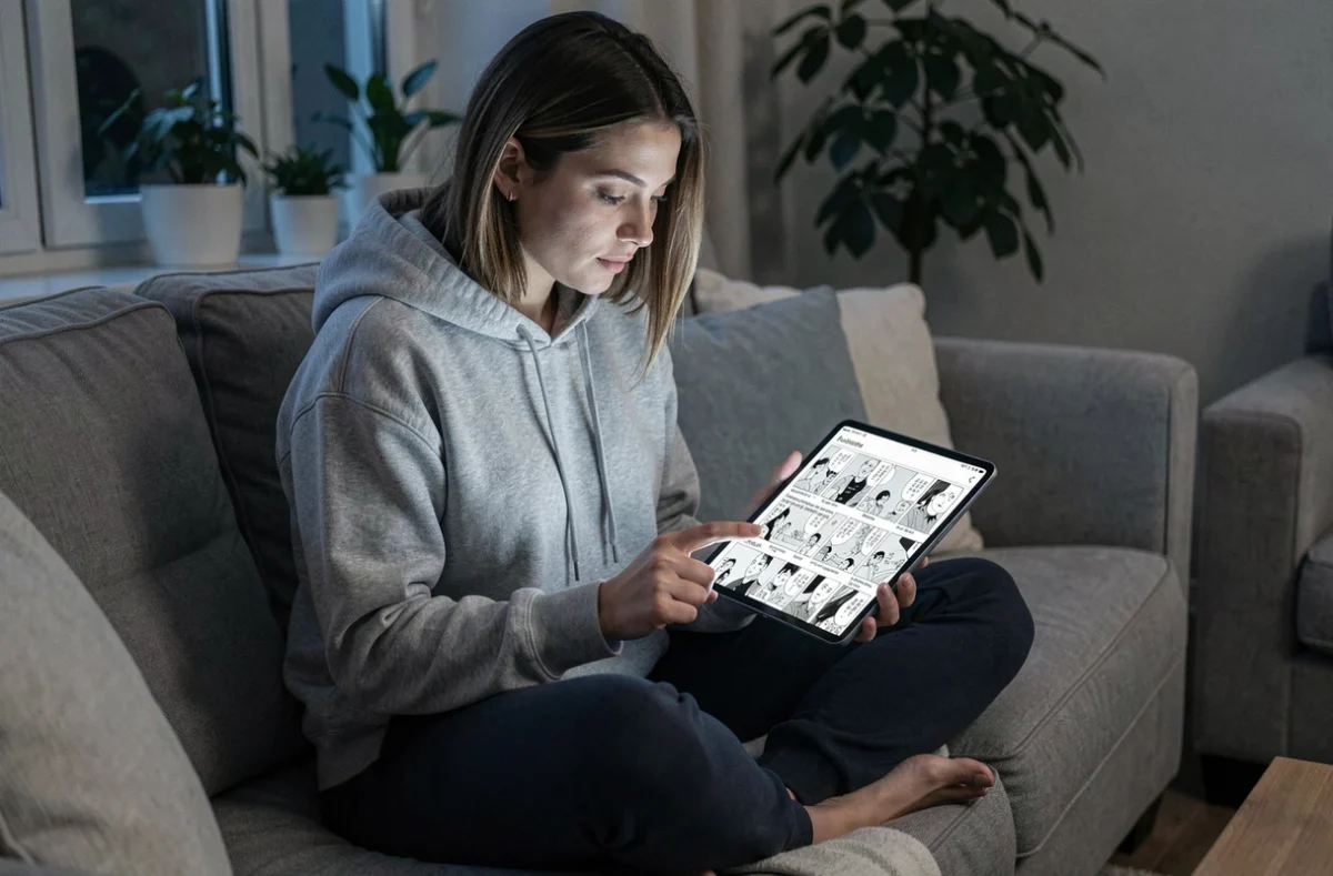 Jeune femme lisant un scantrad manga sur tablette confortablement installée dans son salon