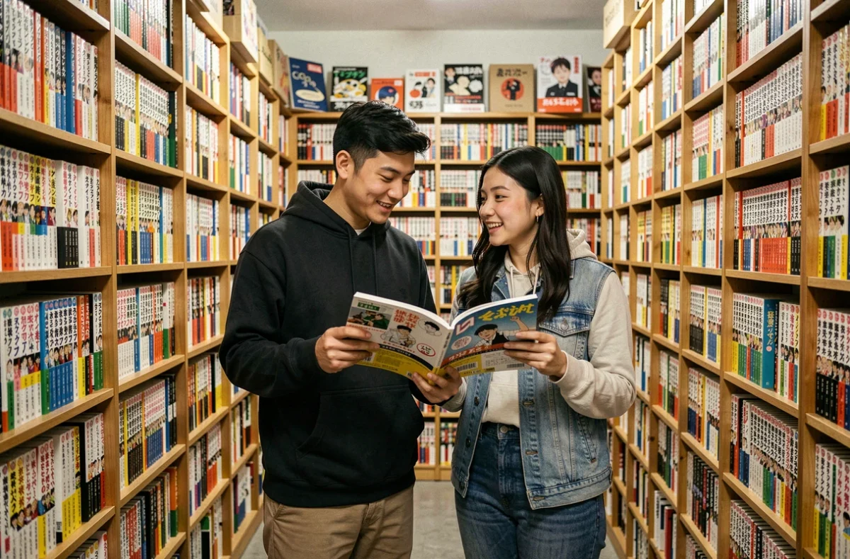 Deux amis feuilletant un volume manga dans une librairie spécialisée en bandes dessinées japonaises
