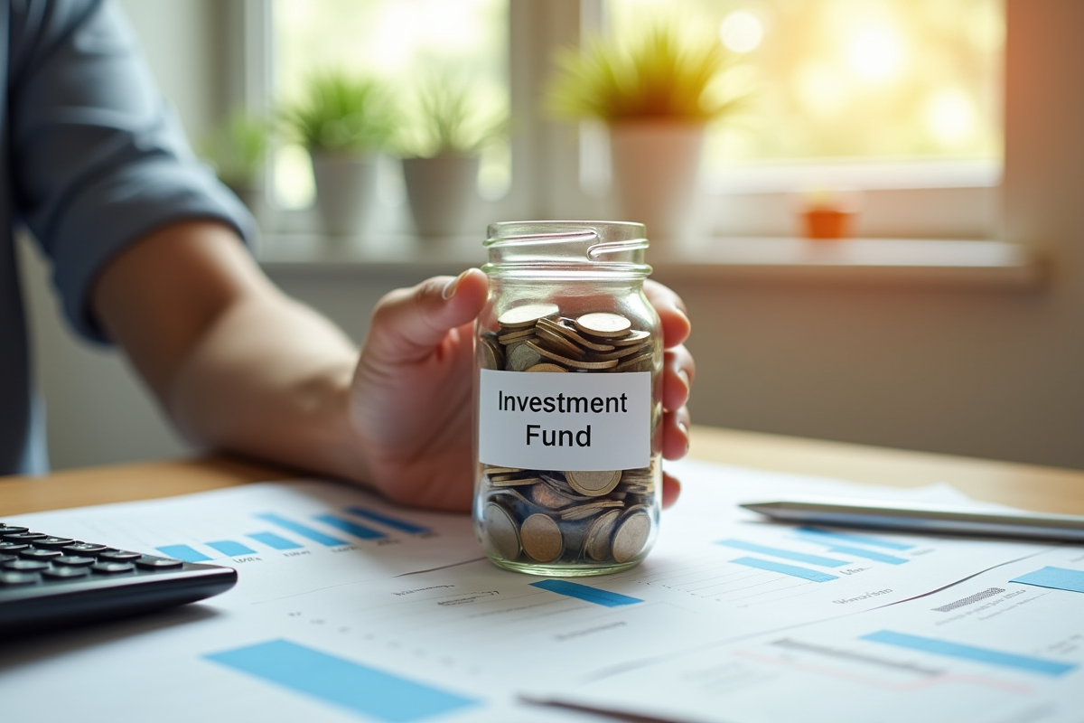 Main tenant un pot de coins avec graphique financier