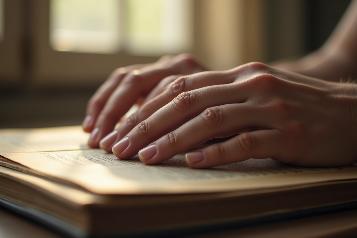 Mains ridées touchant un vieux livre de mariage en lumière douce
