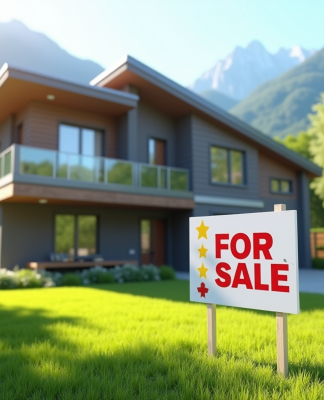 Maison moderne à vendre avec jardin ensoleillé et montagnes