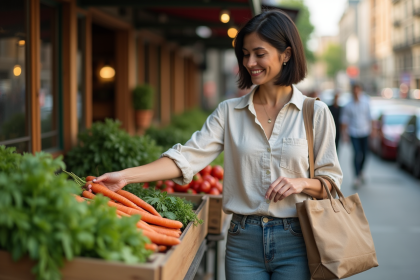 Femme choisissant des légumes bio au marché