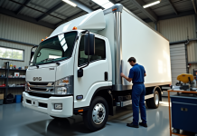 Mécanicien effectuant la maintenance d'un camion blanc dans un garage lumineux
