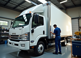 Mécanicien effectuant la maintenance d'un camion blanc dans un garage lumineux
