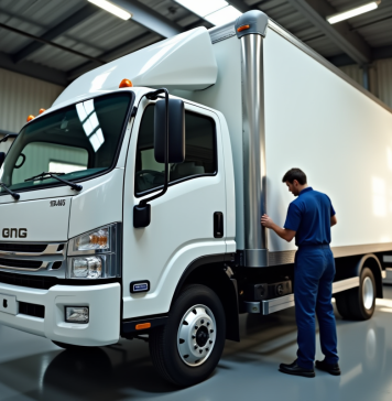 Mécanicien effectuant la maintenance d'un camion blanc dans un garage lumineux