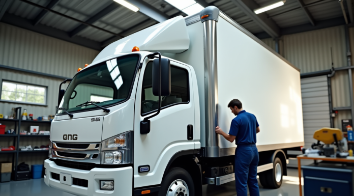 Mécanicien effectuant la maintenance d'un camion blanc dans un garage lumineux