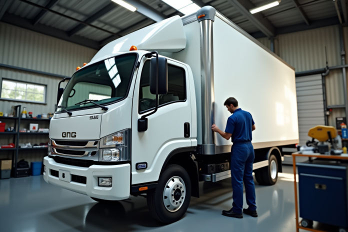 Mécanicien effectuant la maintenance d'un camion blanc dans un garage lumineux