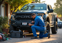 Mécanicien en bleu vérifiant le moteur d'un 4x4 robuste