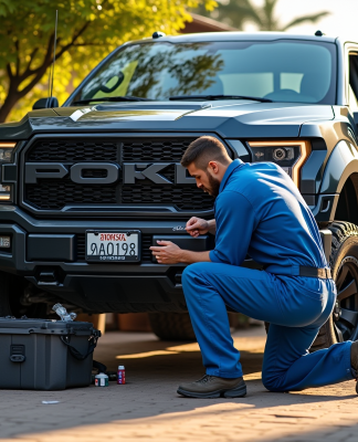 Mécanicien en bleu vérifiant le moteur d'un 4x4 robuste