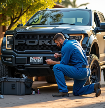 Mécanicien en bleu vérifiant le moteur d'un 4x4 robuste