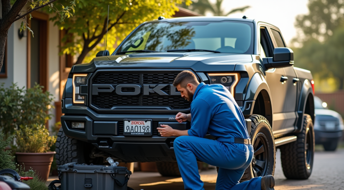 Mécanicien en bleu vérifiant le moteur d'un 4x4 robuste