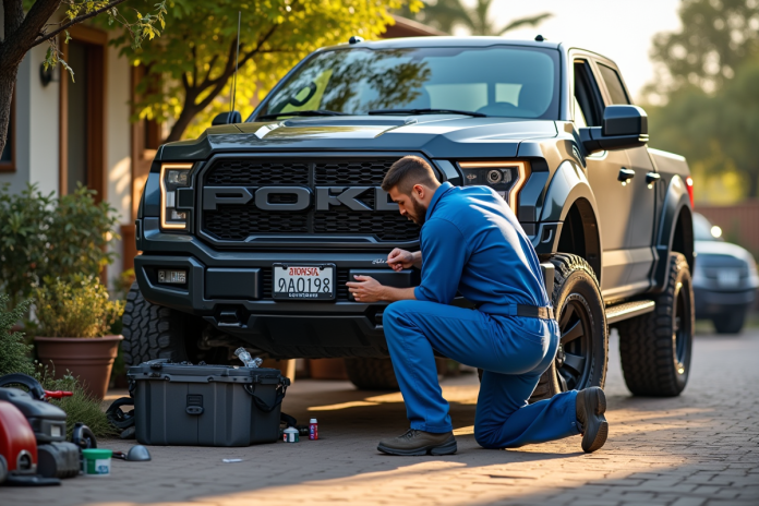 Mécanicien en bleu vérifiant le moteur d'un 4x4 robuste