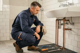 Plombier professionnel en Maine-et-Loire intervenant dans une salle de bain moderne, entouré d'outils et de tuyauteries en cuivre