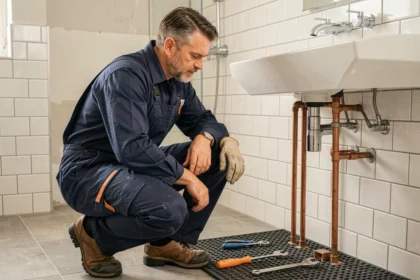 Plombier professionnel en Maine-et-Loire intervenant dans une salle de bain moderne, entouré d'outils et de tuyauteries en cuivre