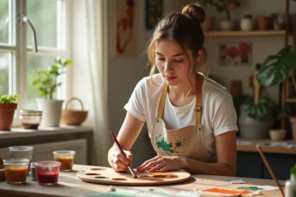 Femme mélangeant de la peinture acrylique rouge et verte sur une palette en bois pour obtenir du marron