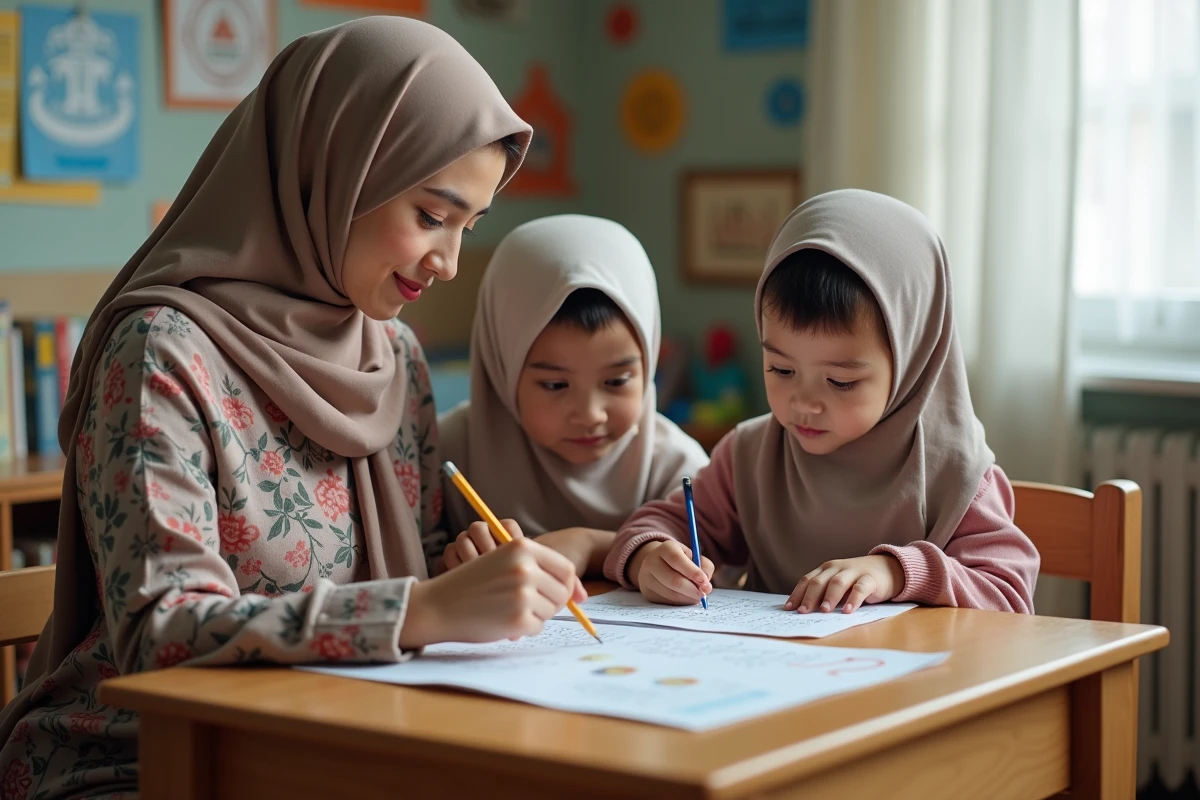 Mère accompagnant ses enfants dans l'apprentissage des noms des 30 Juz du Coran sur une fiche pédagogique