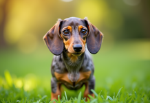 Portrait de chien merle dachshund sur herbe verte