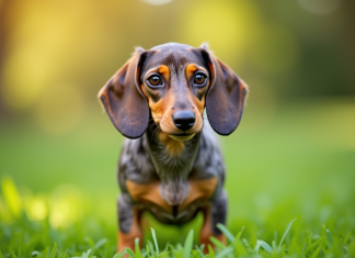 Portrait de chien merle dachshund sur herbe verte