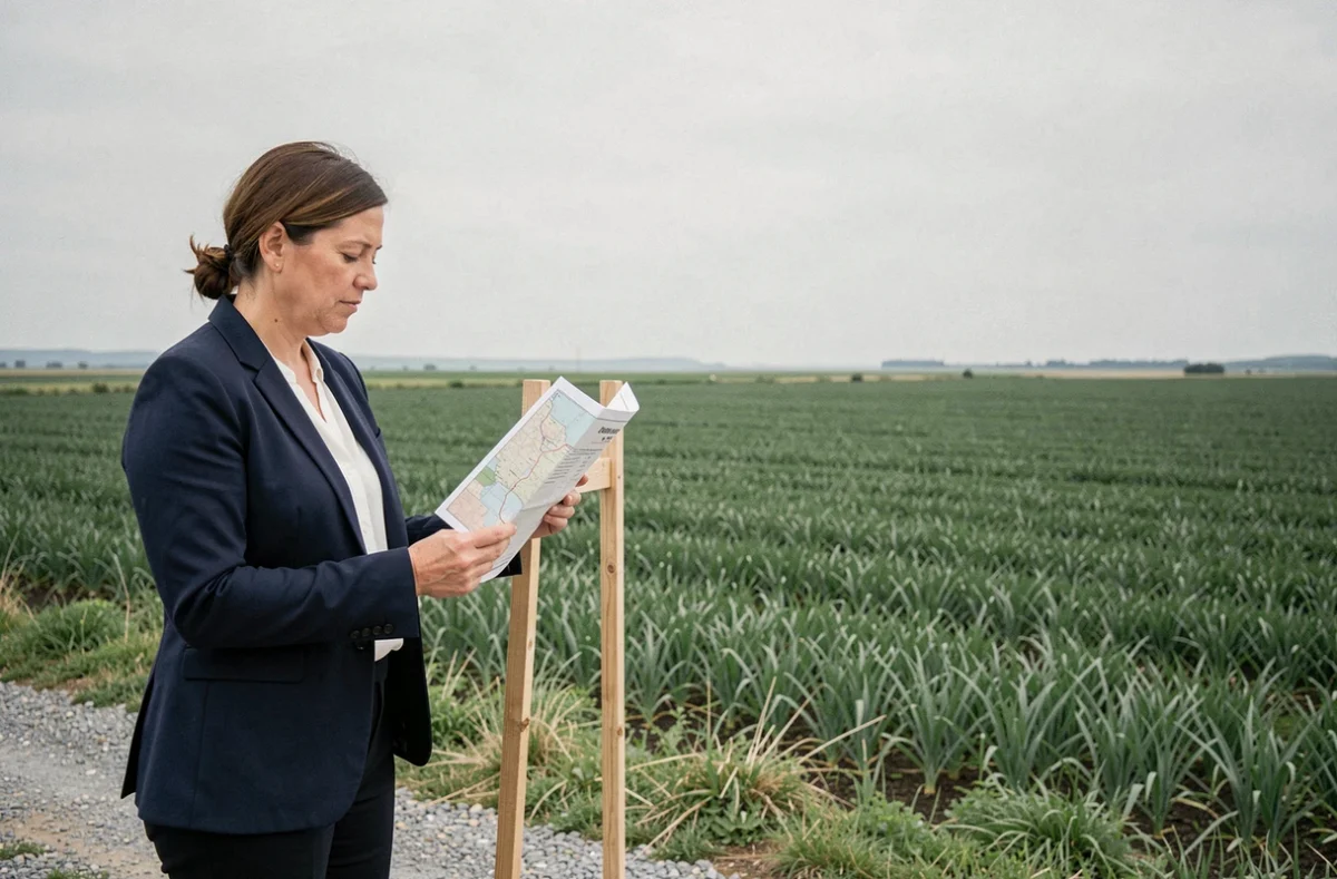 Femme consultant un plan cadastral au bord d'un champ agricole d'un hectare pour une déclaration foncière