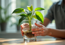 Mains plaçant un pothos avec racines dans un verre d'eau en lumière naturelle