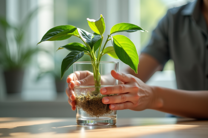 mise-en-place-pothos-eau Mains plaçant un pothos avec racines dans un verre d'eau en lumière naturelle