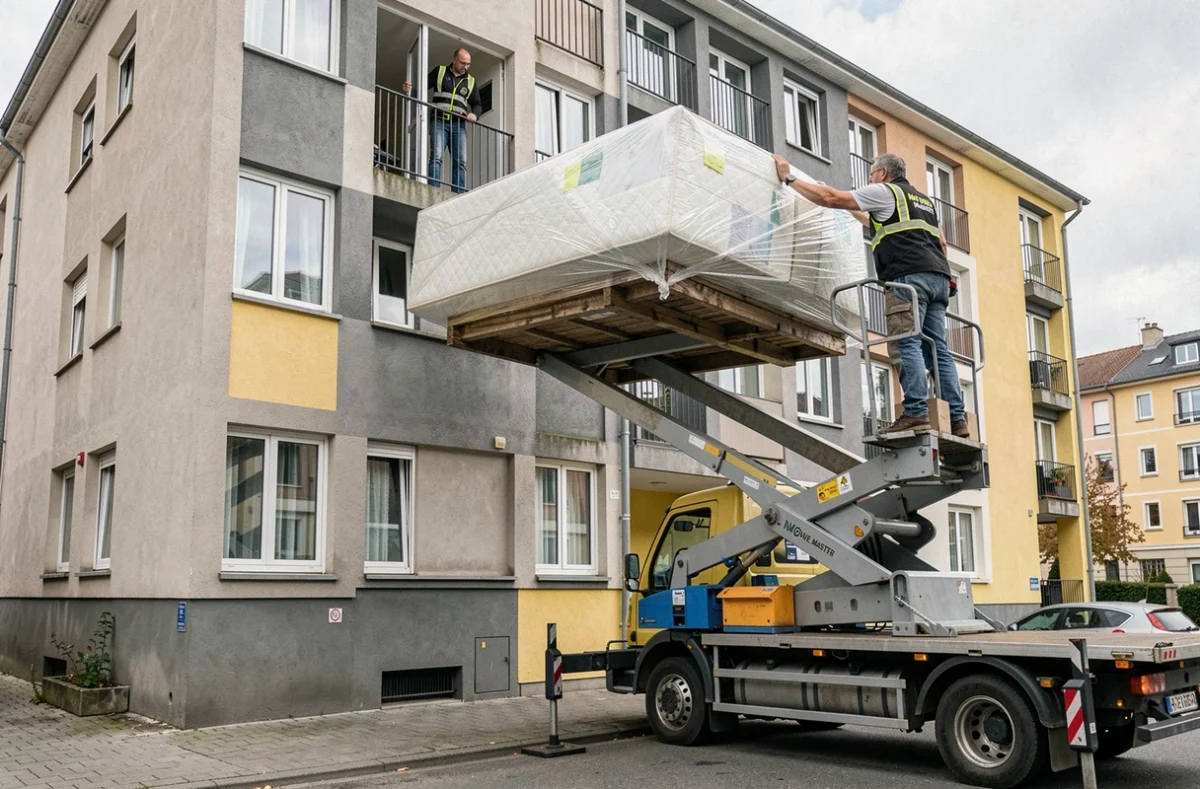 Employé de Move Master utilisant un monte-meuble hydraulique devant un immeuble