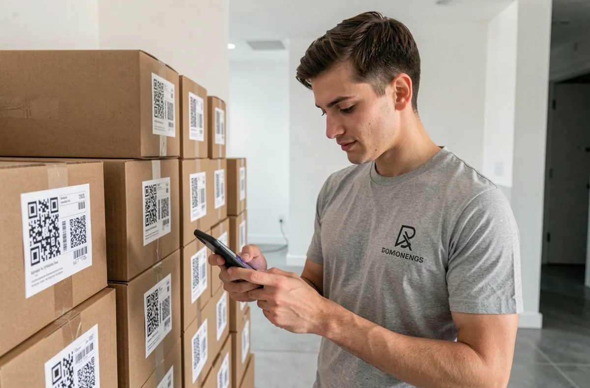Déménageur de Moveazy scannant des codes QR sur des cartons dans un couloir d'immeuble moderne